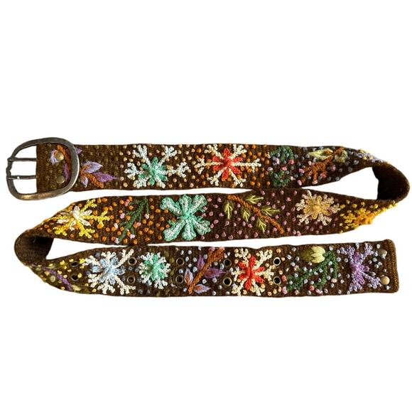 Jenny Krauss Hand Made Brown Morning Glory Floral Peruvian Wool Belt Size Medium - Picture 1 of 6